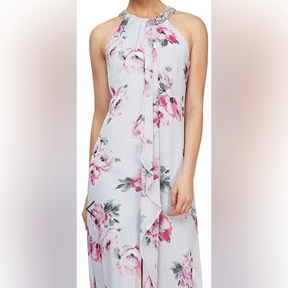 Full length beaded neck; Halter Chiffon Sleeveless Dress- Size:18 -wedding - Picture 6 of 11